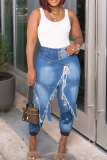 Blue Casual Solid Color Buckle High Waist Regular Denim Jeans