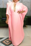 Pink Casual Solid Color Hollow Out O Neck Long Dresses