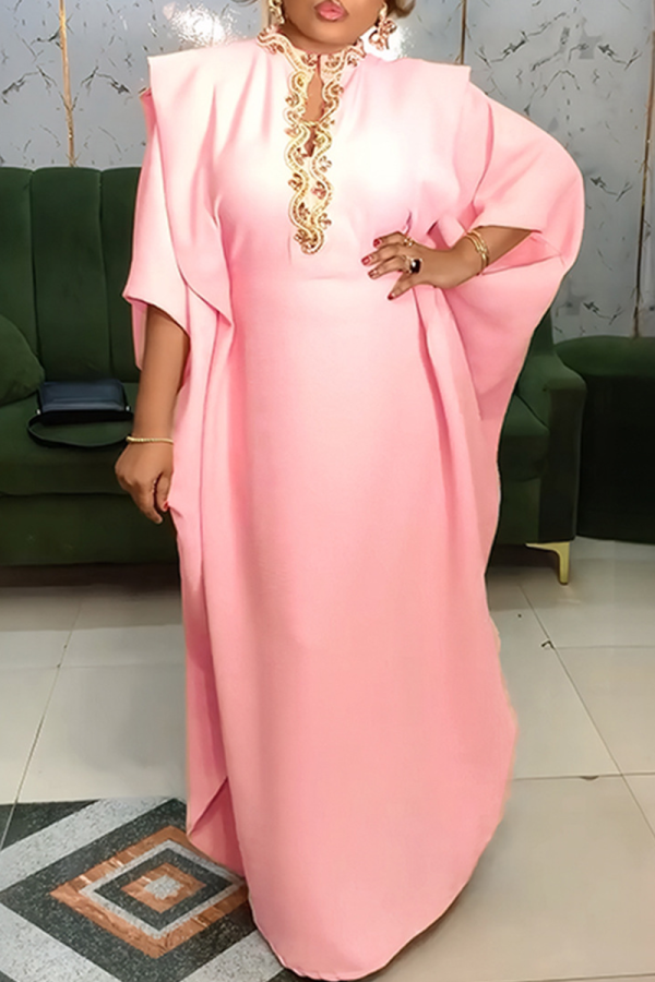 Pink Casual Solid Color Hollow Out O Neck Long Dresses