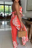 Red Casual Print Backless Spaghetti Strap Sleeveless Two Pieces