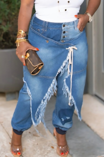 Blue Casual Solid Color Buckle High Waist Regular Denim Jeans
