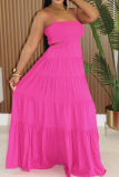 Rose Red Casual Solid Color Hollow Out Spaghetti Strap Long Dresses