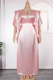 Pink Casual Solid Color Hollow Out O Neck Long Dresses