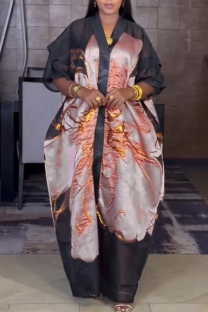 Orange Casual Print Patchwork V Neck Half Sleeve Two Pieces