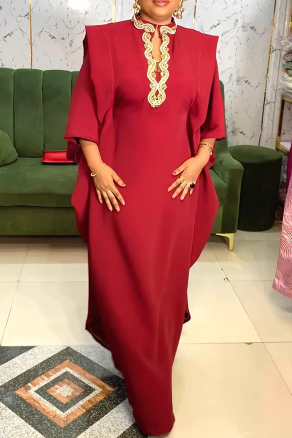 Red Casual Solid Color Hollow Out O Neck Long Dresses