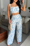 Blue Casual Print Backless Spaghetti Strap Sleeveless Two Pieces