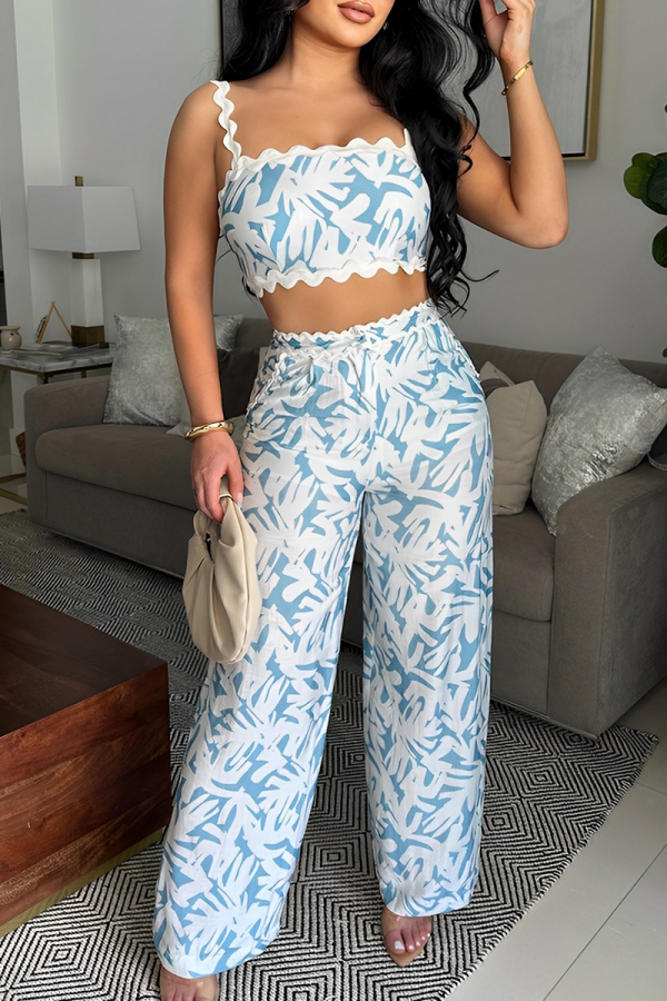 Blue Casual Print Backless Spaghetti Strap Sleeveless Two Pieces