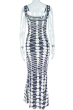 Black White Sexy Print Backless Spaghetti Strap Long Dresses