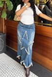 Blue Casual Solid Color Patchwork Straight Mid Waist Patchwork Bottoms