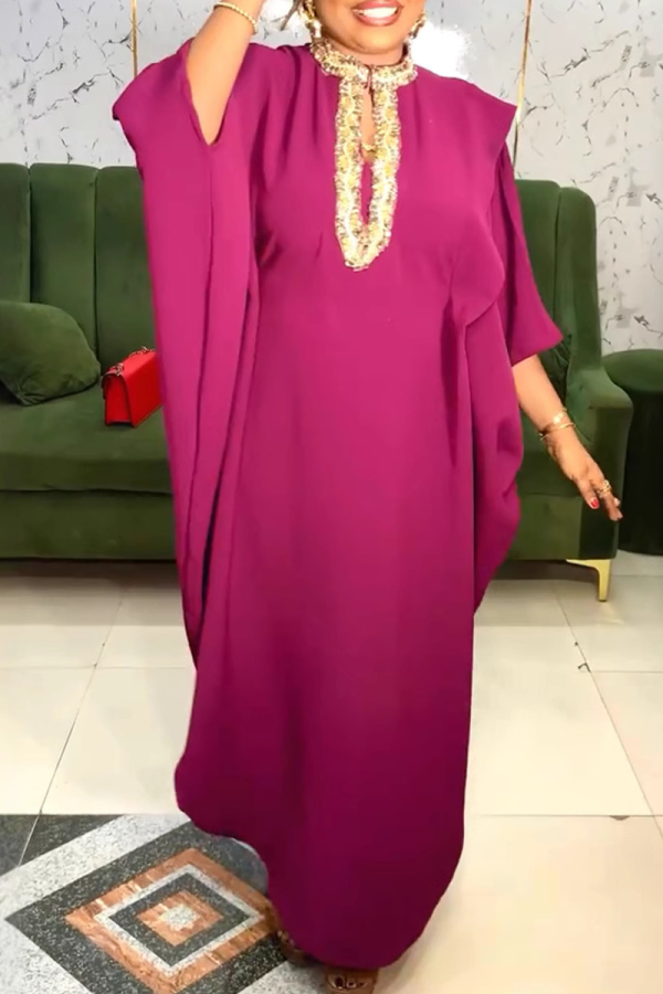 Rose Red Casual Solid Color Hollow Out O Neck Long Dresses