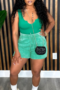 Green Casual Solid Color Draw String V Neck Sleeveless Two Pieces