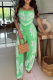 Green Casual Print Backless Spaghetti Strap Sleeveless Two Pieces