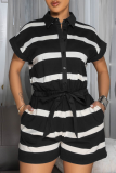 Red Casual Stripe Lace Up Buckle Turndown Collar Loose Rompers