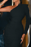 Black Casual Solid Color Patchwork Oblique Collar Long Dresses