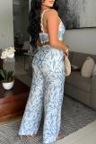 Blue Casual Print Backless Spaghetti Strap Sleeveless Two Pieces
