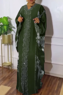Green Casual Hot Drill V Neck Long Dresses