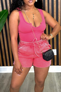 Rose Red Casual Solid Color Draw String V Neck Sleeveless Two Pieces