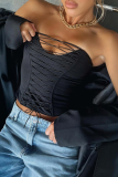 Black Sexy Solid Color Cross Straps Strapless Tops