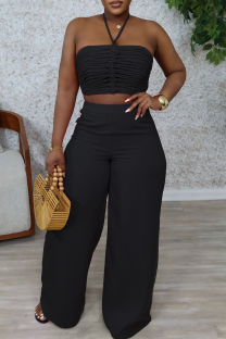 Black Casual Solid Color Draw String Backless Halter Sleeveless Two Pieces
