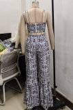Black Sexy Print Backless Spaghetti Strap Sleeveless Two Pieces