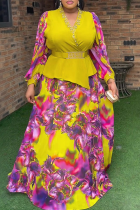 Yellow Elegant Print With Belt V Neck Plus Size Two Pieces