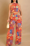 Green Casual Print Pocket Backless O Neck Sleeveless Two Pieces