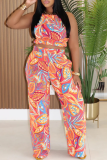 Green Casual Print Pocket Backless O Neck Sleeveless Two Pieces