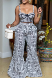 Black Sexy Print Backless Spaghetti Strap Sleeveless Two Pieces