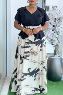 Black Elegant Print With Belt V Neck Long Plus Size Dresses
