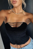 Black Sexy Solid Color Cross Straps Strapless Tops