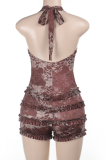 Brown Sexy Print Backless Stringy Selvedge Deep V Neck Skinny Rompers