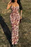 Leopard Print Sexy Print Patchwork Spaghetti Strap Long Dresses