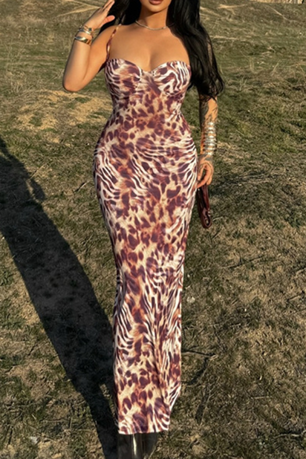 Leopard Print Sexy Print Patchwork Spaghetti Strap Long Dresses