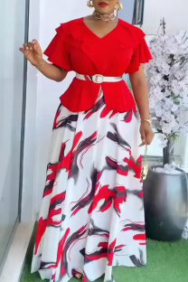 Red Elegant Print With Belt V Neck Long Plus Size Dresses