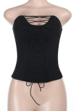 Black Sexy Solid Color Cross Straps Strapless Tops