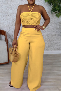 Yellow Casual Solid Color Draw String Backless Halter Sleeveless Two Pieces