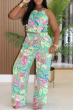 Green Casual Print Pocket Backless O Neck Sleeveless Two Pieces