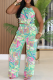 Green Casual Print Pocket Backless O Neck Sleeveless Two Pieces