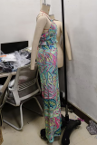 Green Casual Print Pocket Backless O Neck Sleeveless Two Pieces