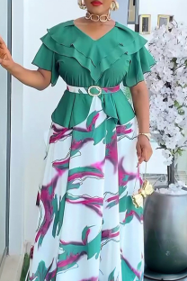Green Elegant Print With Belt V Neck Long Plus Size Dresses