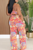 Green Casual Print Pocket Backless O Neck Sleeveless Two Pieces
