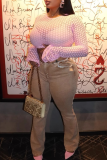 Pink Sexy Solid Color Lace See-Through O Neck Tops