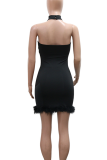 Black Sexy Flowers Backless Hot Drill O Neck Wrapped Skirt Dresses