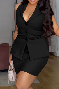 Black Sexy Solid Color Buckle V Neck Plus Size Two Pieces