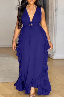 Colorful Blue Sexy Solid Color Strap Design Ruffled Trim V Neck Long Plus Size Dresses
