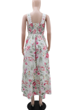 White Elegant Print Backless Spaghetti Strap Long Dresses