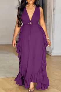 Purple Sexy Solid Color Strap Design Ruffled Trim V Neck Long Plus Size Dresses