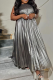 Silver Elegant Solid Color Strap Design Pleated O Neck Long Plus Size Dresses