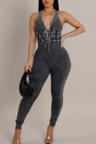Black Casual Solid Color Strap Design V Neck Skinny Jumpsuits