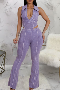 Purple Casual Solid Color Patchwork Turndown Collar Sleeveless Two Pieces